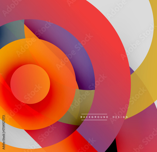 Abstract circles overlap, creating vibrant color gradients. Red, orange, purple dominate design. Modern aesthetic, smooth transitions present.