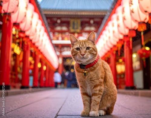Ginger cat in a temple walkway