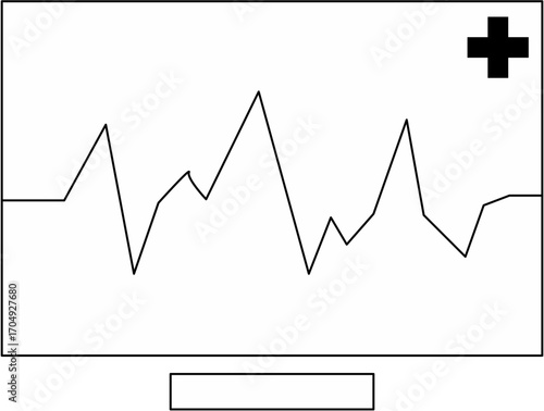 A simple line art illustration of a medical monitor displaying an erratic heartbeat signal, with a health cross icon in the corner.