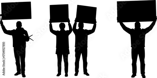 Silhouettes of three people one with a brush and two holding black boards on a white background | editable eps vectors