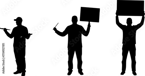 Silhouettes of three people one with a brush and two holding black boards on a white background | editable eps vectors