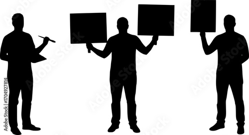 Silhouettes of three people one with a brush and two holding black boards on a white background | editable eps vectors