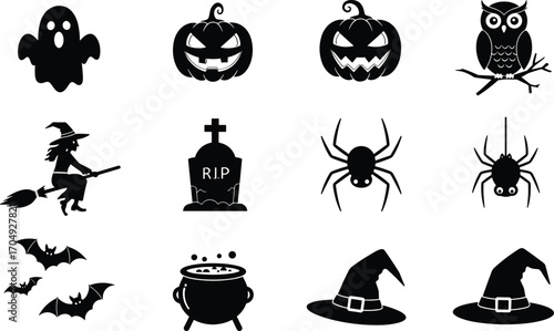Halloween vector icons set featuring ghost, pumpkin, owl, witch, tombstone, spider, bats, cauldron, and witch hats for spooky designs.