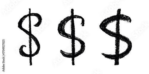Set of hand drawn dollar currency symbol. Brush stroke doodle. Single element for design
