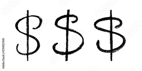 Set of hand drawn dollar currency symbol. Brush stroke doodle. Single element for design