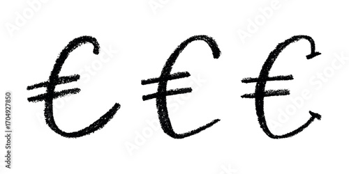 Set of hand drawn euro currency symbol. Brush stroke doodle. Single element for design