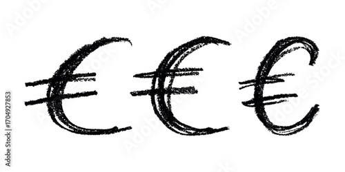 Set of hand drawn euro currency symbol. Brush stroke doodle. Single element for design