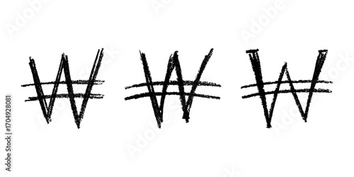 Set of hand drawn won currency symbol. Brush stroke doodle. Single element for design