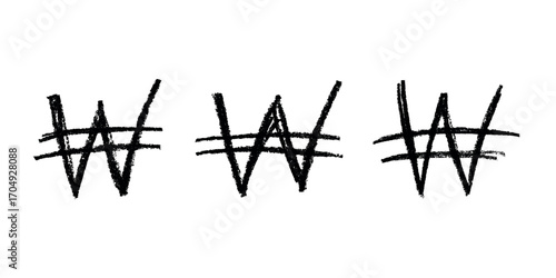 Set of hand drawn won currency symbol. Brush stroke doodle. Single element for design