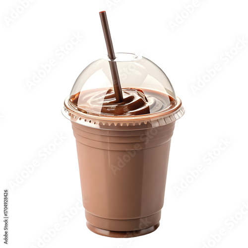 Plastic cup with dome lid, chocolate milkshake with whipped cream topping and clear straw