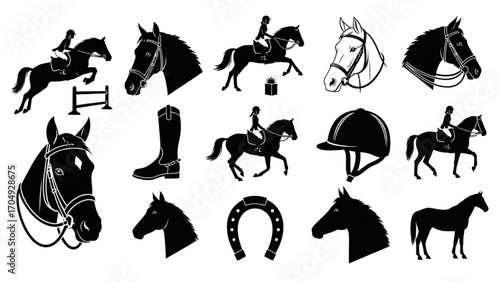 High-Quality Black Silhouette Icon Set of Horse Riding – Equestrian, Riding, Sport, Vector Symbols