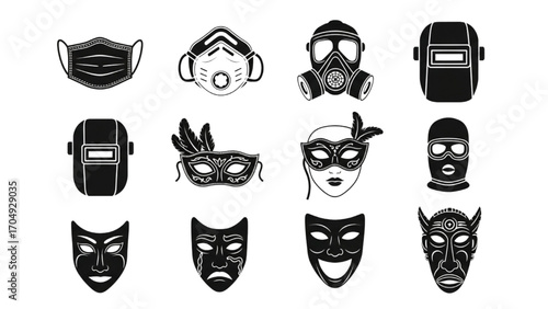 High-Quality Black Silhouette Icon Set of Masks – Face Masks, Safety, Costume, Vector Symbols