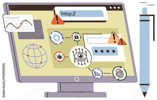 Computer monitor displaying warning alerts, internet browser, global network, bug, lock, fingerprint, analytics. Ideal for cybersecurity, online privacy data theft internet safety hacking risk