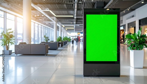Empty digital billboard with a vertical green screen for mockup advertising in a modern airport terminal or shopping mall