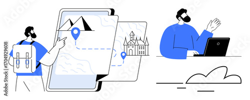Backpacker pointing at map on device with route, landmarks, virtual communication with man on laptop. Ideal for travel, navigation, technology, remote work, tourism planning exploration. Simple