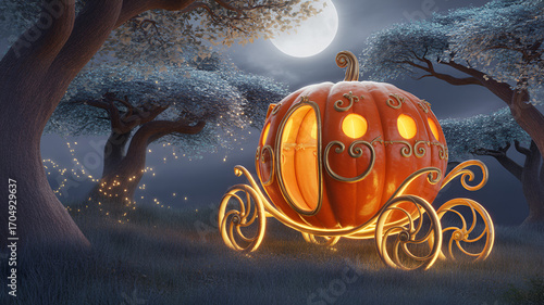 A pumpkin carriage in a forest under a full moon with glowing lights and detailed designs around it .