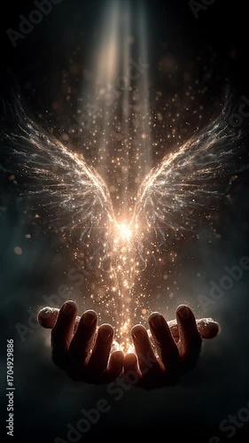 Open Hands Receiving Divine Light from Above with Angelic Glow Rays, Spiritual Fantasy Concept