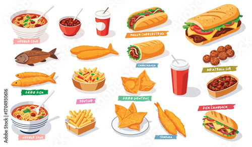 Fast food. noodle soup, chili, meatball sub, philly cheesesteak, fried fish, fish sandwich, chimichanga, poutine, fried wontons. Flat vector illustrations isolated on a white background