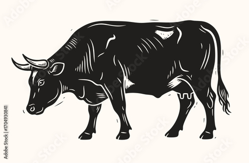 Farm cow hand drawn linocut style sketch illustration, Livestock