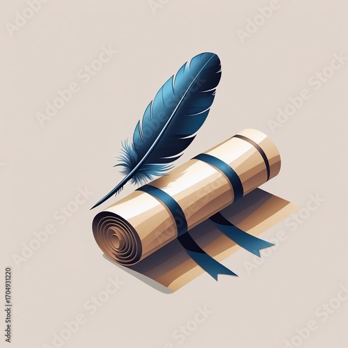 An elegant feather quill resting on a traditional scroll bound with a graceful blue ribbon
