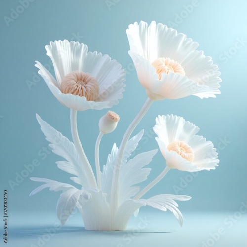 Delicate translucent white poppy flowers with ruffled petals and subtle yellow centers against a soft blue background