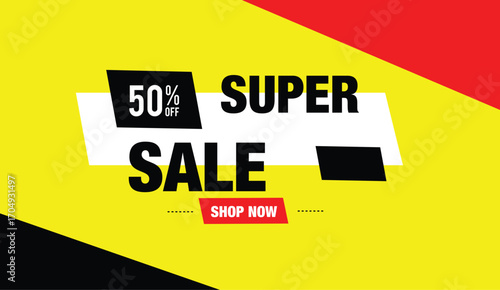 super sale shopnow fifty percent off editable vector art illustration template design red white black shapes yellow abstract business background creative graphic modern style advertising banner