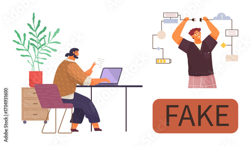 Woman at desk using laptop to verify content man creating fake information flowchart. Ideal for misinformation, verification, digital literacy, content authenticity, online research, critical