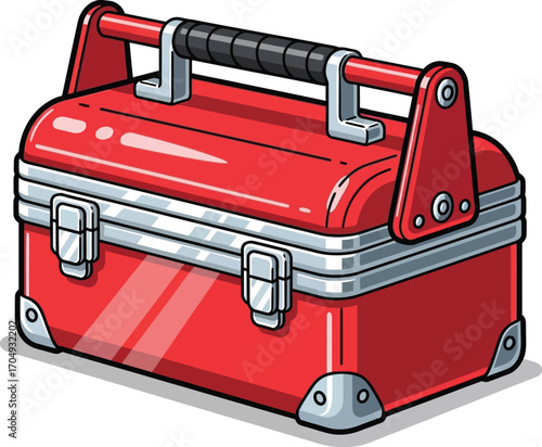 Red Metal Toolbox Cartoon with Handle and Latches Vector
