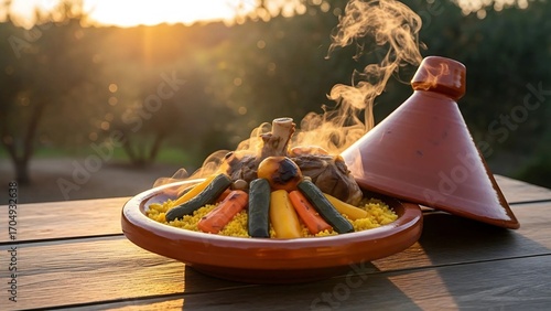 Steaming Tagine with Colorful Vegetables Outdoors at Sunset