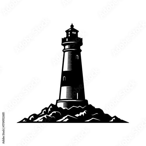 Coastal lighthouse on rocky cliff with transparent background