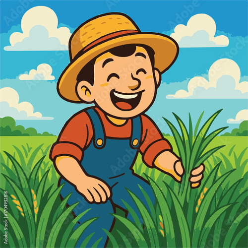 cartoon image of a farmer harvesting rice in a rice field