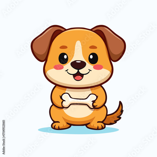 Vector illustration of a cute kawaii dog character with a thick bold outline. The happy puppy has a small round body and is holding a bone