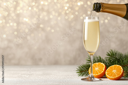 process of pouring champagne from bottle into tall narrow glass on festive background
