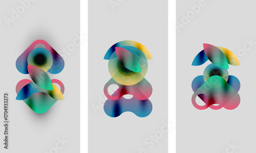 Abstract colorful shapes overlap, creating dynamic compositions. Soft gradients blend hues, forming fluid forms on light gray backgrounds.