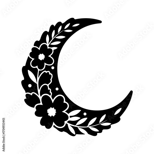 Crescent moon with floral elements with transparent background