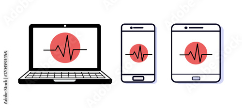 A collection of icons showing a heartbeat line on a laptop, a smartphone, and a tablet. The imagery suggests the use of technology for remote health monitoring and digital wellness.