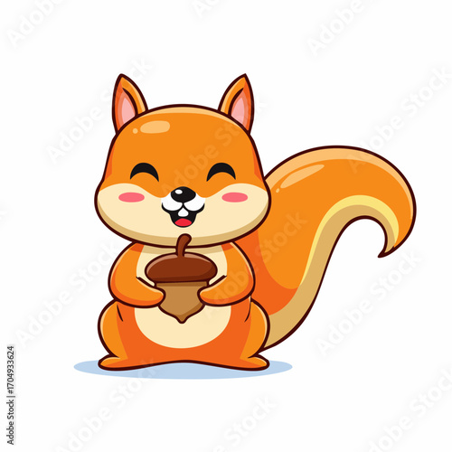 Adorable cartoon squirrel holding an acorn. Cute kawaii animal mascot character, vector illustration with a happy expression
