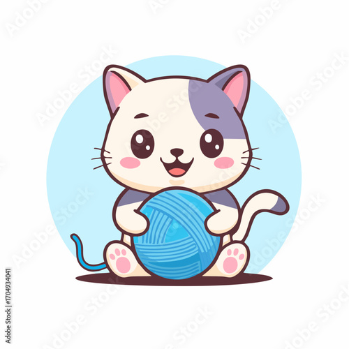 Charming vector art of a cute kawaii cat character with a bold outline, happily holding a blue ball of wool