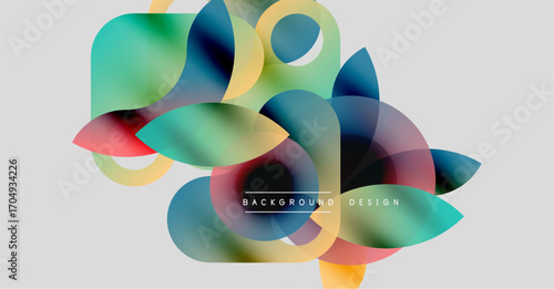 Abstract shapes overlap, creating vibrant color gradients. Modern design elements suggest fluidity, dynamism, visual interest. Background features text.