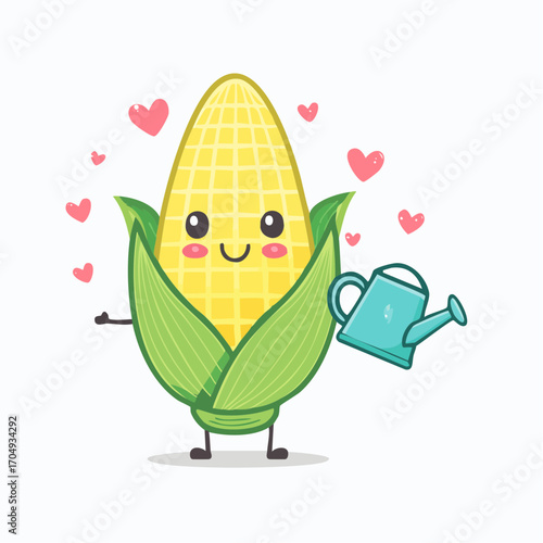 Vector illustration of a cute kawaii corn cob character holding a blue watering can, surrounded by pink hearts. Adorable sweet corn mascot for gardening and farming