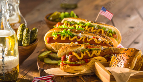 American Style Gourmet Hotdog with Pickles and Mustard Food Concept
