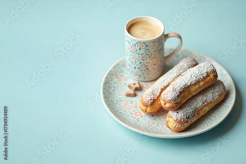 Eclairs in a plate next to a cup of cappuccino on a light blue background.