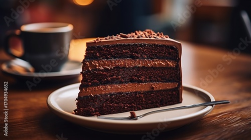 Chocolate cake slice with coffee
