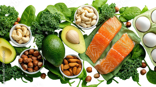 Healthy Food Assortment with Salmon, Avocado, and Nuts