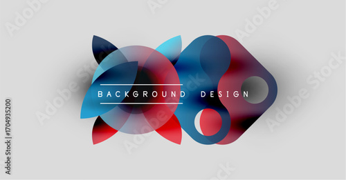 Abstract colorful shapes overlap, creating dynamic background design. Red, blue hues dominate light gray canvas. Modern aesthetic.