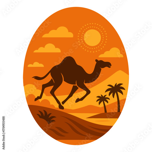Running Camel in Sand Dunes – Sahara Desert Oval Badge