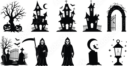 Halloween vector set with haunted houses, spooky trees, scary pumpkins, grim reaper characters, eerie gates, cemetery scenes, bats, moon, and lanterns.