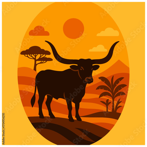 Longhorn Bull in Savannah – Sunset Oval Badge Vector