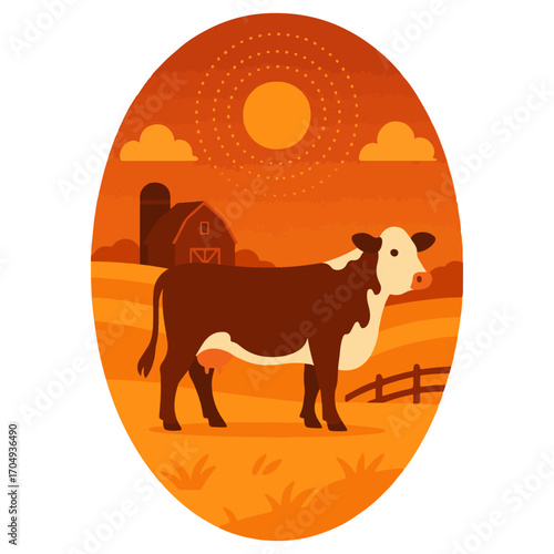 Calf on Farm at Sunset