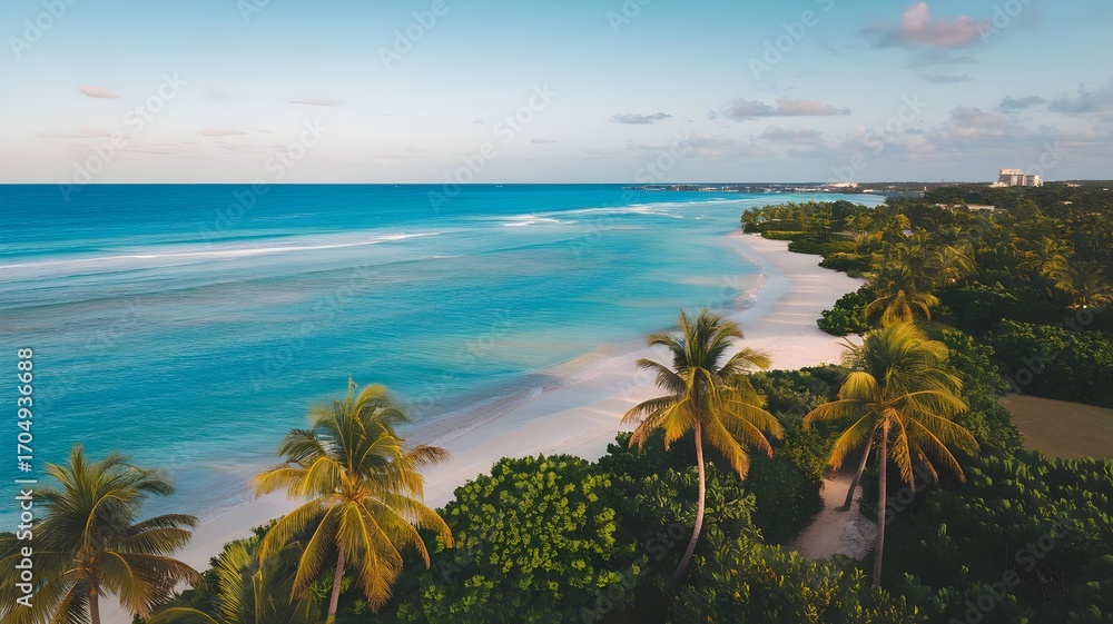 Fototapeta premium Aerial Tropical Beach with White Sand and Palm Trees